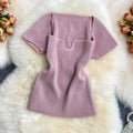 Summer hot girl style short t-shirt short sleeve sense of designniche style square neck heart exposed collarbone exposed navel knitting shirttops women