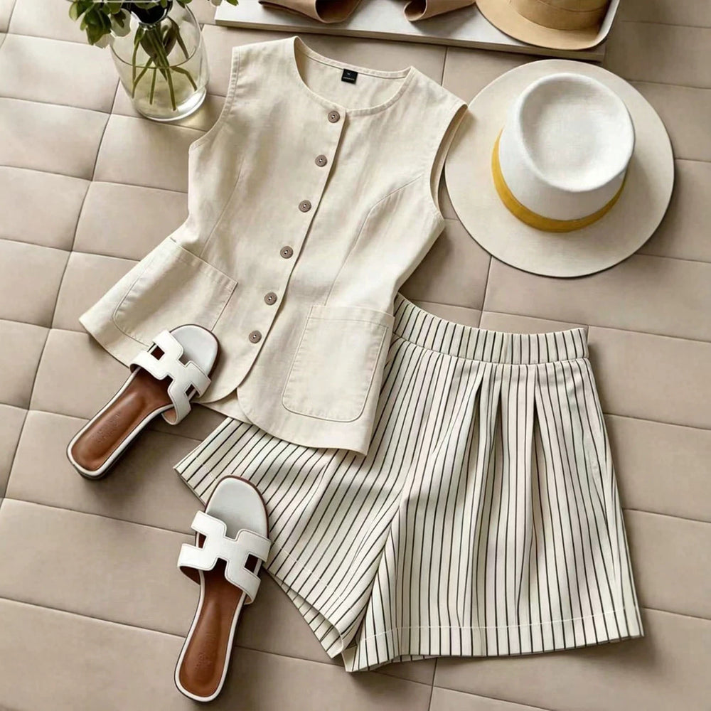 fashion  summer new beige sleeveless vest striped shorts suit work clothingcasualtwo-piece set