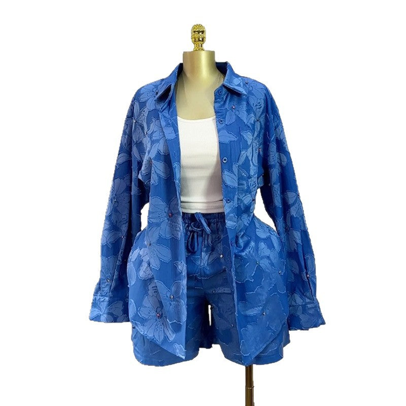 European and american style women's clothing  autumn new collection: sweet and fresh beaded turn-down collar long sleeve shirt and high-waisted straight-leg shorts two-piece set