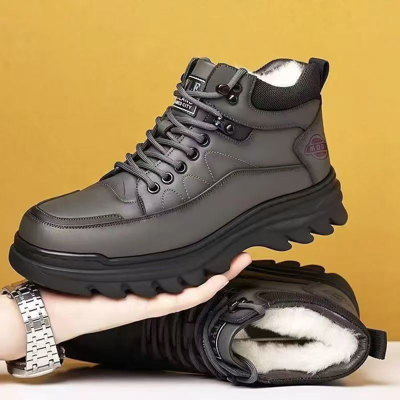 2025 winter men's high-top fleece-lined warm leather shoes, black korean style martin boots, thickened casual cotton shoes, dad shoes