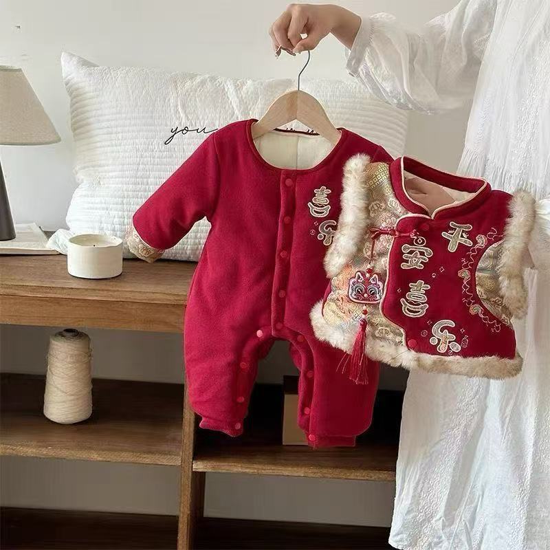Winter romper baby outfit - fleece-lined, thickened onesie - red festive chinese style new year crawling suit for baby's first birthday