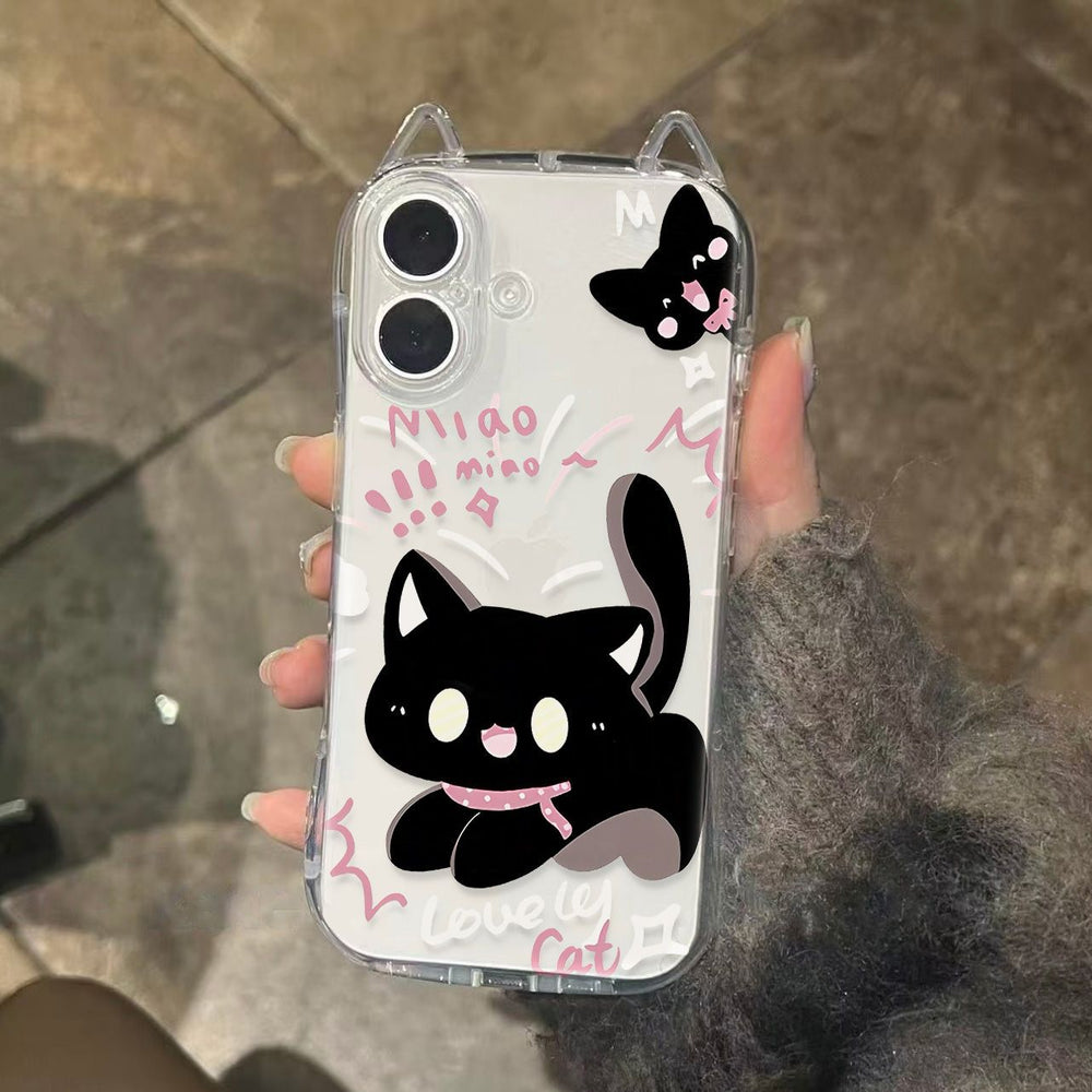 Cute and practical slim-fit black cat phone case for apple 15, new cat ear protective cover for iphone 16 pro max