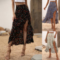 Women's floral high-waisted midi skirt with asymmetrical ruffle hem and slit – perfect for spring/summer vacation and casual wear