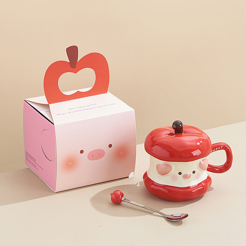 Piggy apple mug ceramic cup underglaze ribbon lid home design cup office coffee cup wholesale