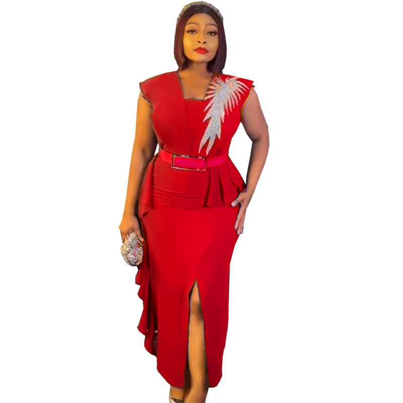 Special offer: african women's slim-fit slit pencil dress with rhinestone and ruffle detail - fashionable sleeveless two-piece look