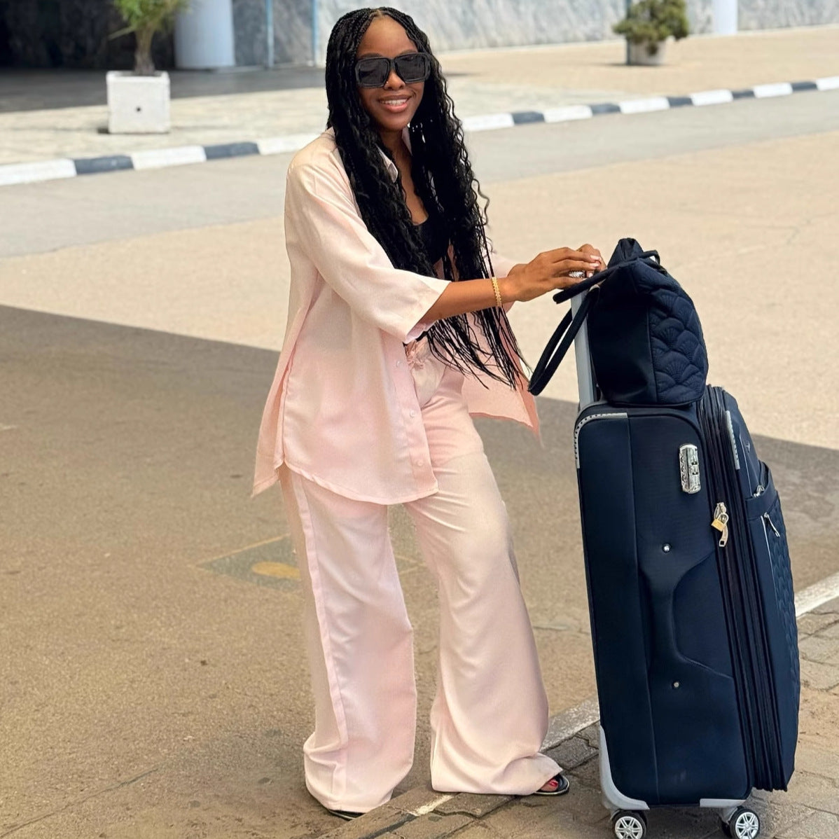European and American large-size casual women's clothing set solid color cardigan shirt loose age-reducing trousers women's African fashion two-piece set