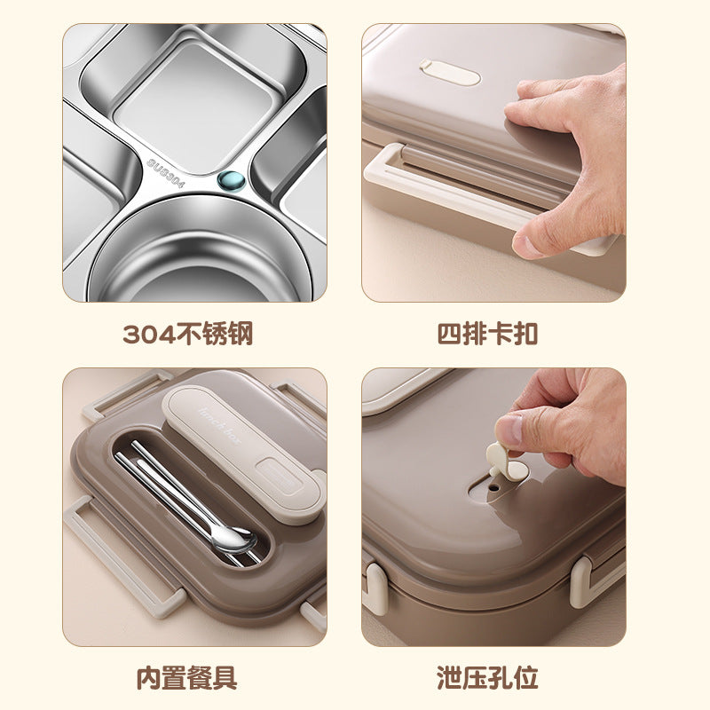 304 stainless steel lunch box office workers portable with rice box canteen with lid with tableware soup bowl grid lunch box
