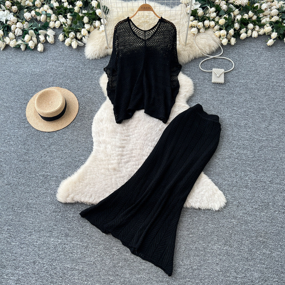 French chic cutout knit two-piece set - women's summer slim fit, slimming, minimalist, elegant, and professional attire