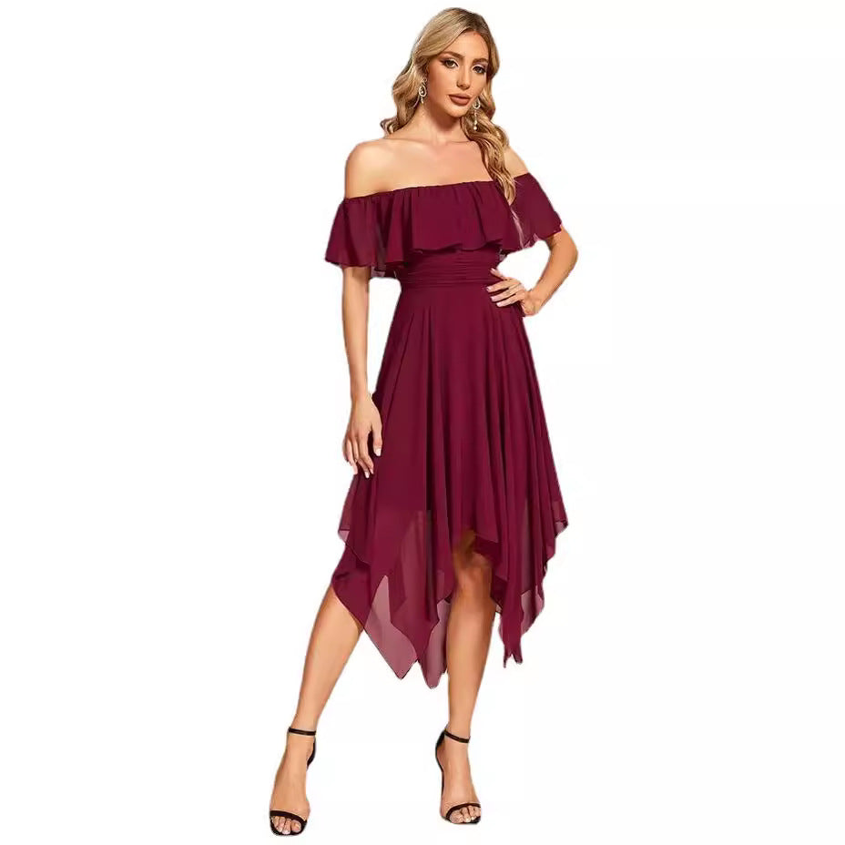 new cross-border summer fashion: european and american style  one-shoulder chiffon ruffle hem asymmetrical solid color dress