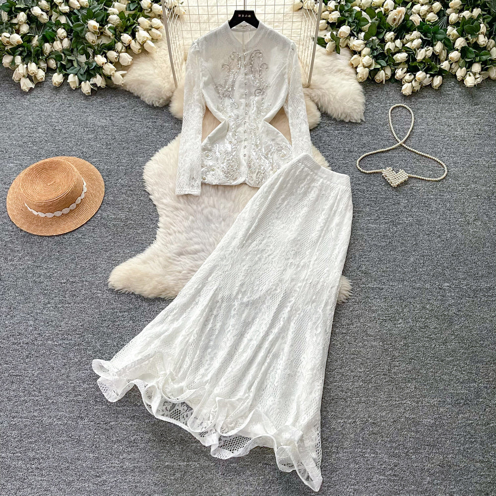 French chic beaded v-neck lace two-piece set - women's spring/autumn tie-waist cutout high-end slim fit outfit