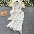 French chic beaded v-neck lace two-piece set - women's spring/autumn tie-waist cutout high-end slim fit outfit