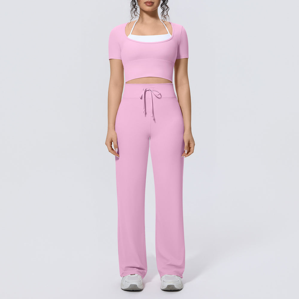 Fake two-piece sports short-sleeved yoga suit with chest pad, drawstring wide-leg straight-leg pants, quick-drying running fitness suit