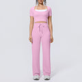 Fake two-piece sports short-sleeved yoga suit with chest pad, drawstring wide-leg straight-leg pants, quick-drying running fitness suit