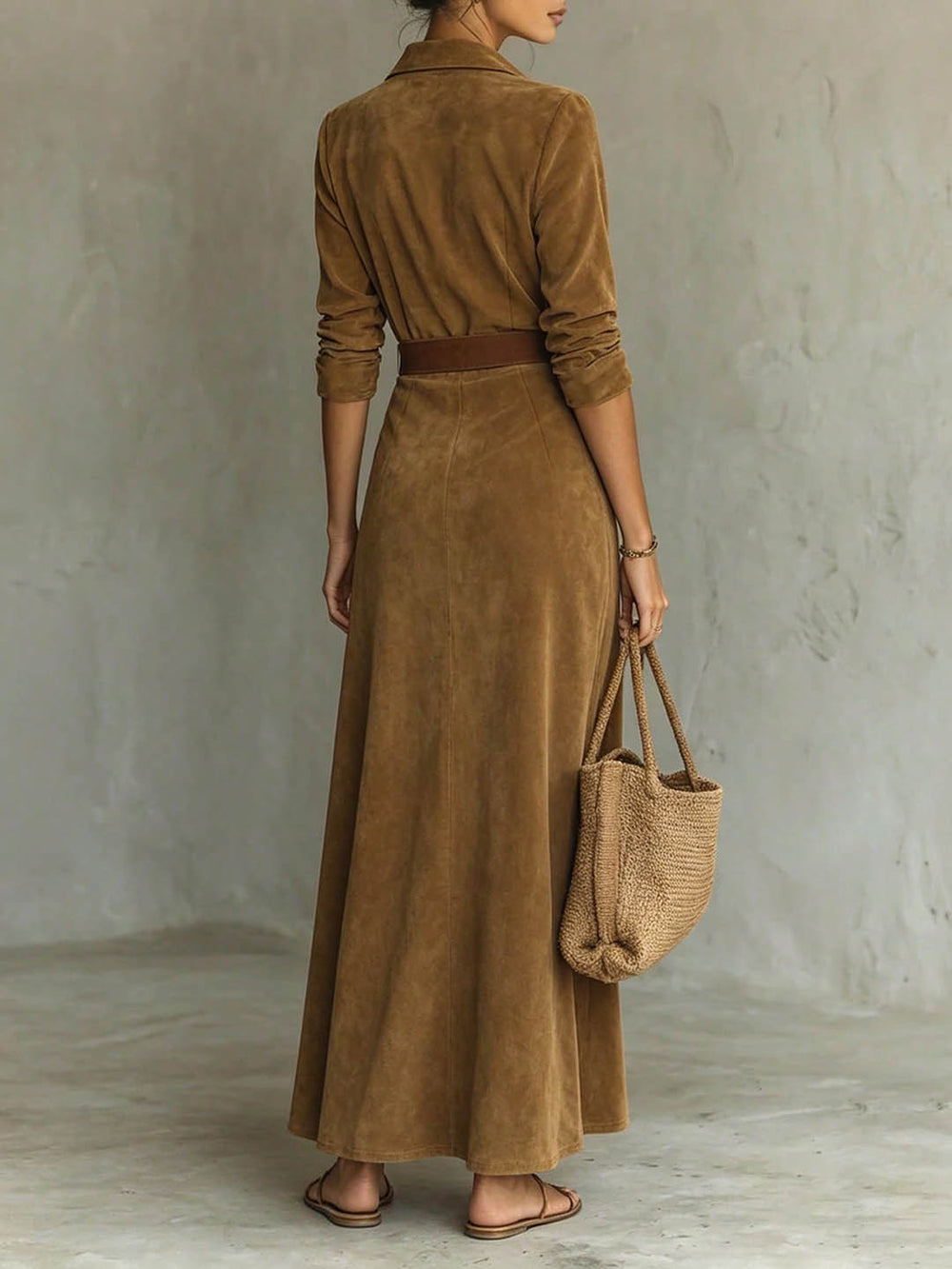 Retro corduroy shirtdress lapel long sleevesv neck wrap formula buckle belt waist women's dress
