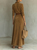 Retro corduroy shirtdress lapel long sleevesv neck wrap formula buckle belt waist women's dress