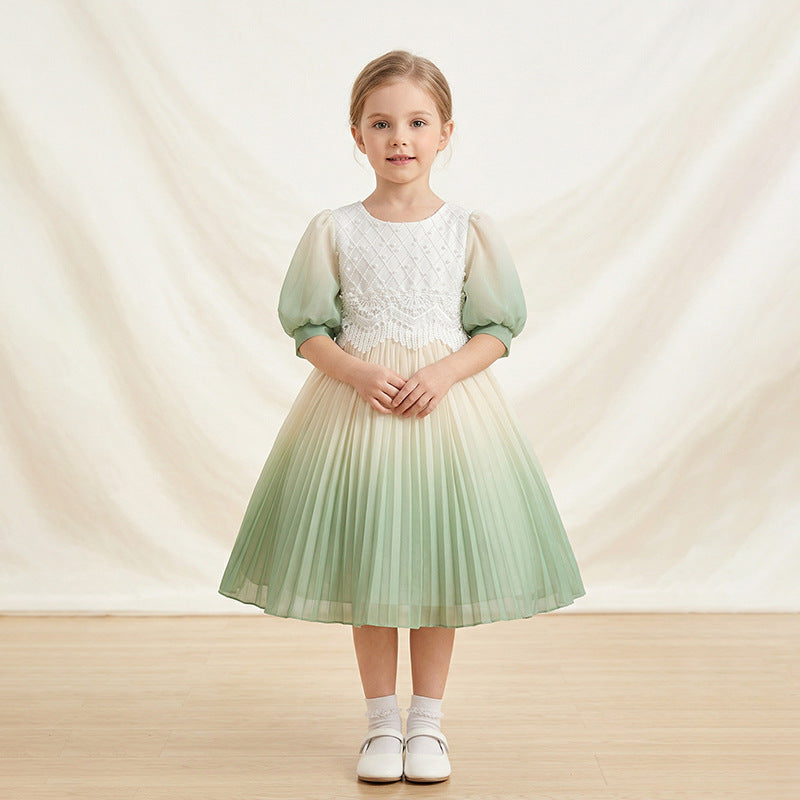 fashion style personalized girldress chiffon printinghalf length sleeve pleated skirtnew arrivalkids skirt
