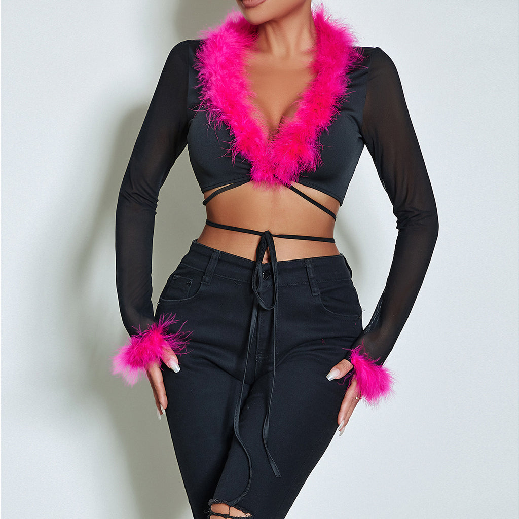 European and American  women's clothing autumn new high-end hairy heart machine strap cardigan sexy V-neck slim top women