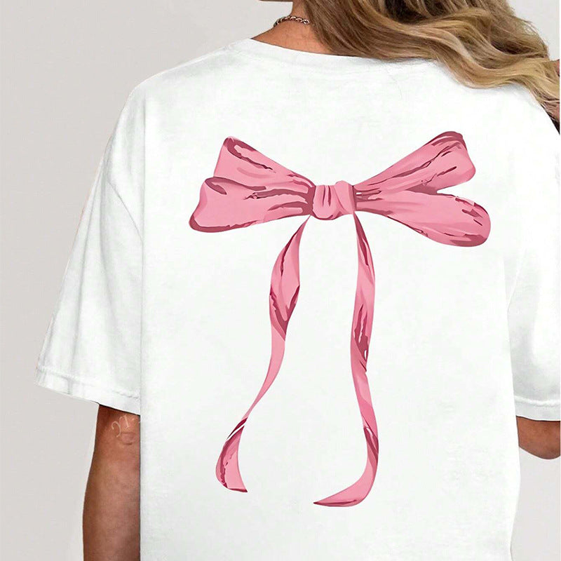 Cross-border European and American women's clothing bow loose T-shirt 2025 summer round neck polyester short sleeve  ins top pullover