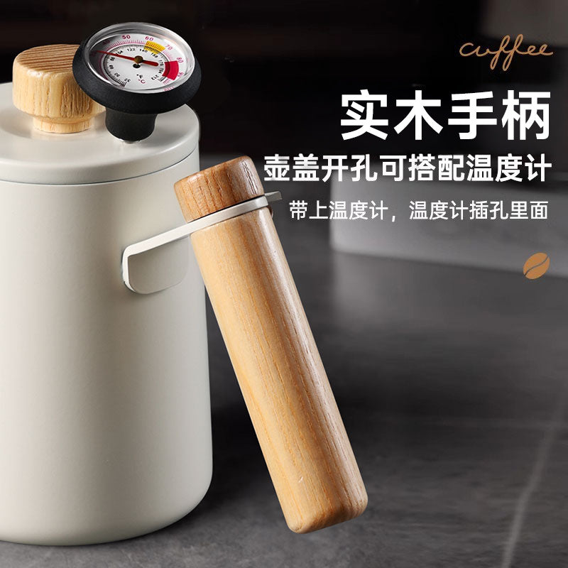 Solid wood handle pour-over kettle, 304 stainless steel coffee dripper with fine spout and measurement markings, coffee brewing tool