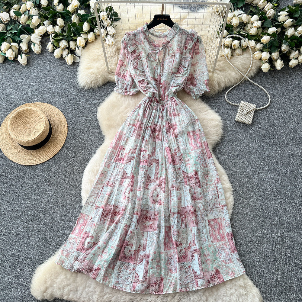 French romantic floral dress for women, summer , v-neck, puff sleeves, cinched waist, slimming, elegant maxi dress
