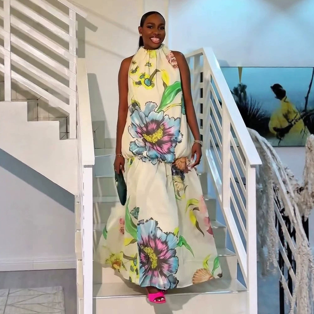 african women's clothing:  summer new arrival - stylish and elegant halter neck printed sleeveless long dress with unique design