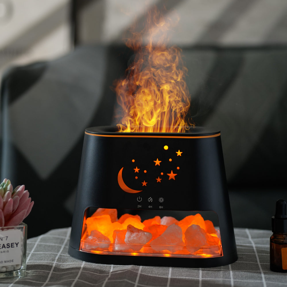 Natural salt stone flame aromatherapy diffuser - high mist output humidifier, bedroom desktop ambient light, essential oil mini automatic air freshener