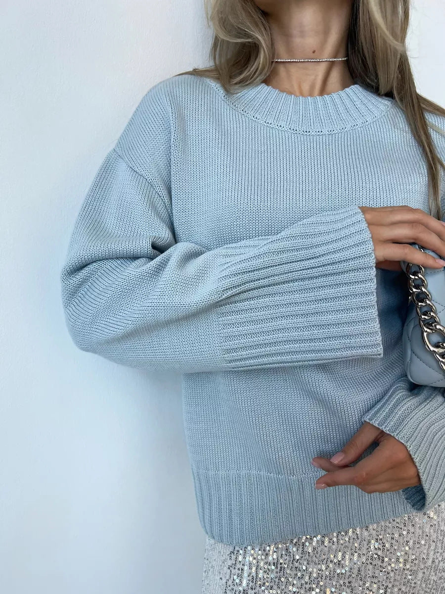 European and American   women's clothing loose women's long-sleeved round neck casual pullover knitted sweater fashionable solid color sweater women