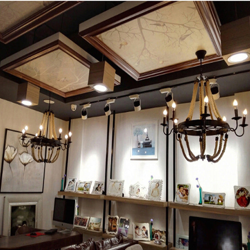 American retro hemp rope chandelier creative hotel lobby B & B restaurant lamp personalized industrial style hotel box lamp