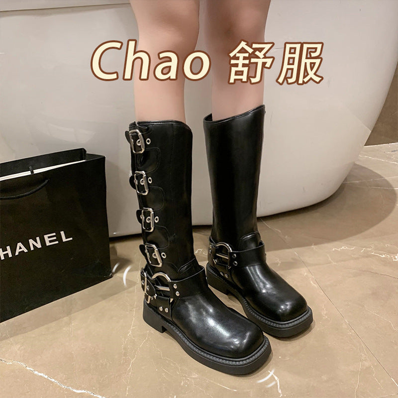 2023 retro women's boots leather thick heel high boots square head knight boots brown high fashion boots