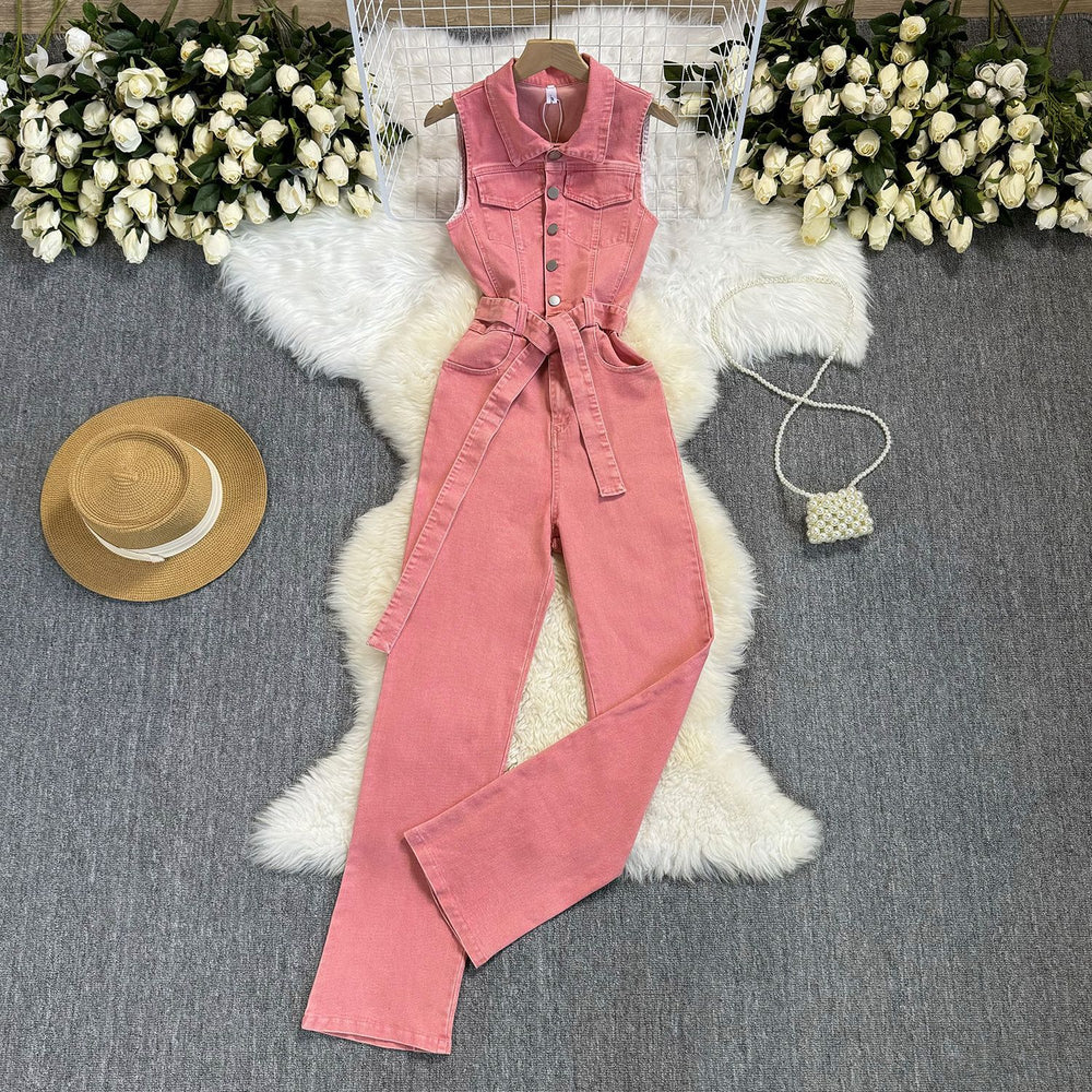 Hong kong style retrochicsense of design strap waist slimming look lapel metal buckle jeans jumpsuit