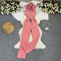 Hong kong style retrochicsense of design strap waist slimming look lapel metal buckle jeans jumpsuit