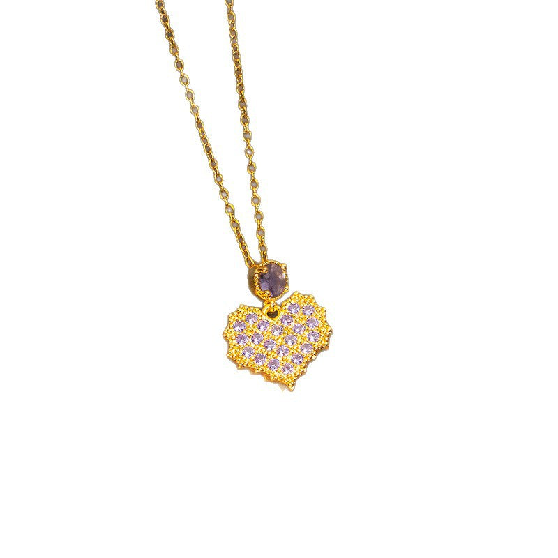 【set】titanium steel necklace for women, sweet full diamond dreamy purple heart pendant earrings, high-end elegant jewelry set