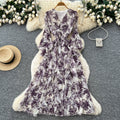 French retro v-neck long sleeve floral chiffon dress - women's  autumn collection - cinched waist, elegant ruffle hem maxi dress