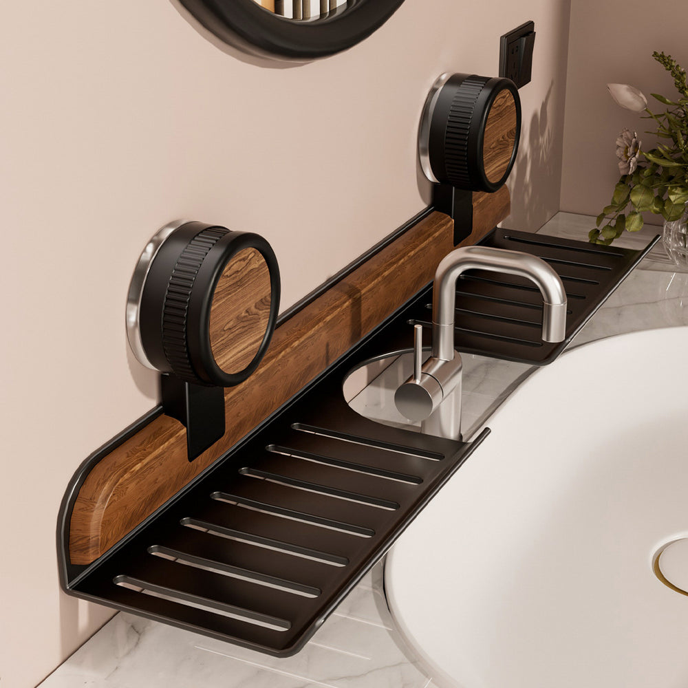 North american walnut suction cup bathroom organizer - no drilling required, vanity sink faucet & cosmetic storage rack