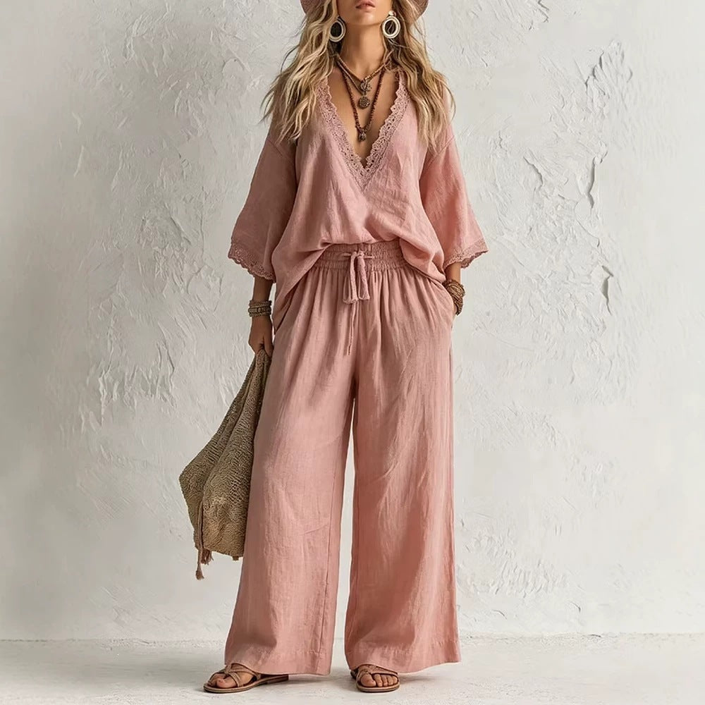 European and american cross-border e-commerce women's new bohemian style lace-trimmed v-neck top and wide-leg pants two-piece set