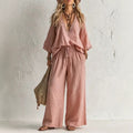 European and american cross-border e-commerce women's new bohemian style lace-trimmed v-neck top and wide-leg pants two-piece set