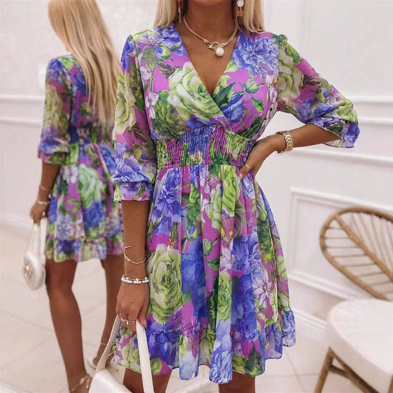 Amazon color block patchwork tiered v-neck flared sleeve a-line casual ruched waist ruffle chiffon dress for women