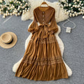 Exportlacepatchworkcut out pleated dress women's long sleeveshigh waista-line skirt large swing high elasticity long skirt