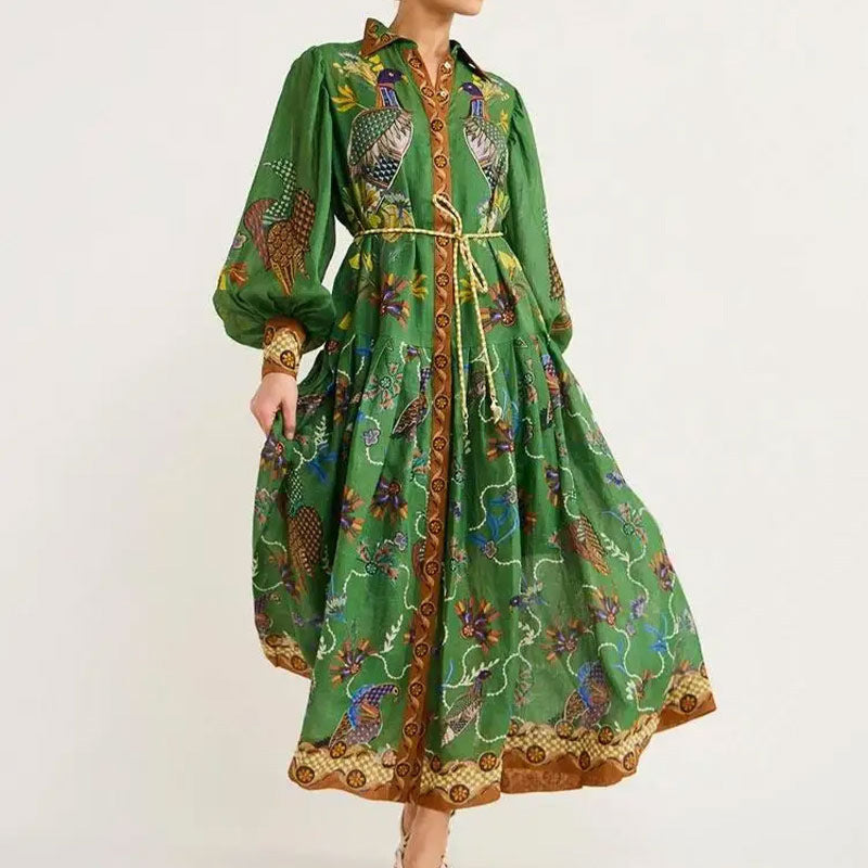 cross-border e-commerce european and american women's clothing: new summer collection - vintage lantern sleeve printed long-sleeve pleated dress