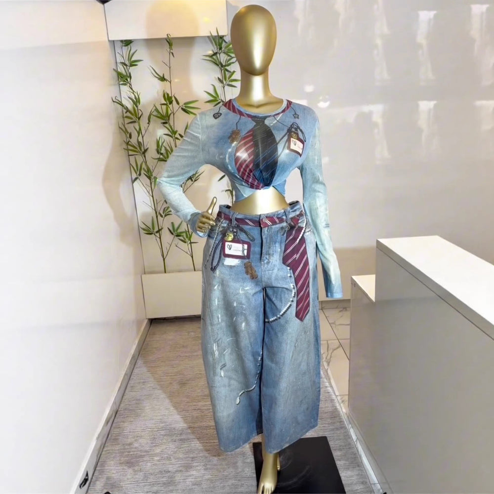 European and american cross-border women's spring  new arrival: elegant round neck printed long sleeve t-shirt and wide leg jeans set