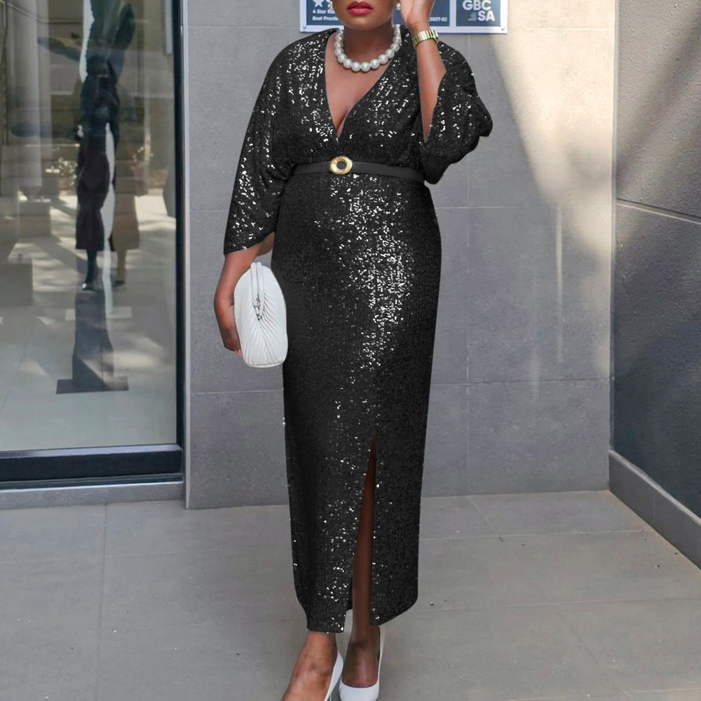 D540 cross-border  fashion women's elegant v-neck sexy slimming sequin plus size african dress