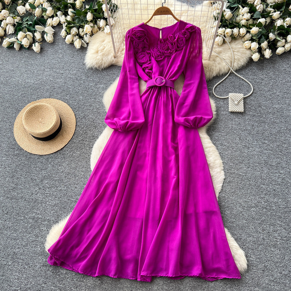 Vintage chic lantern sleeve v-neck lace patchwork dress - women's summer korean style slimming a-line maxi dress
