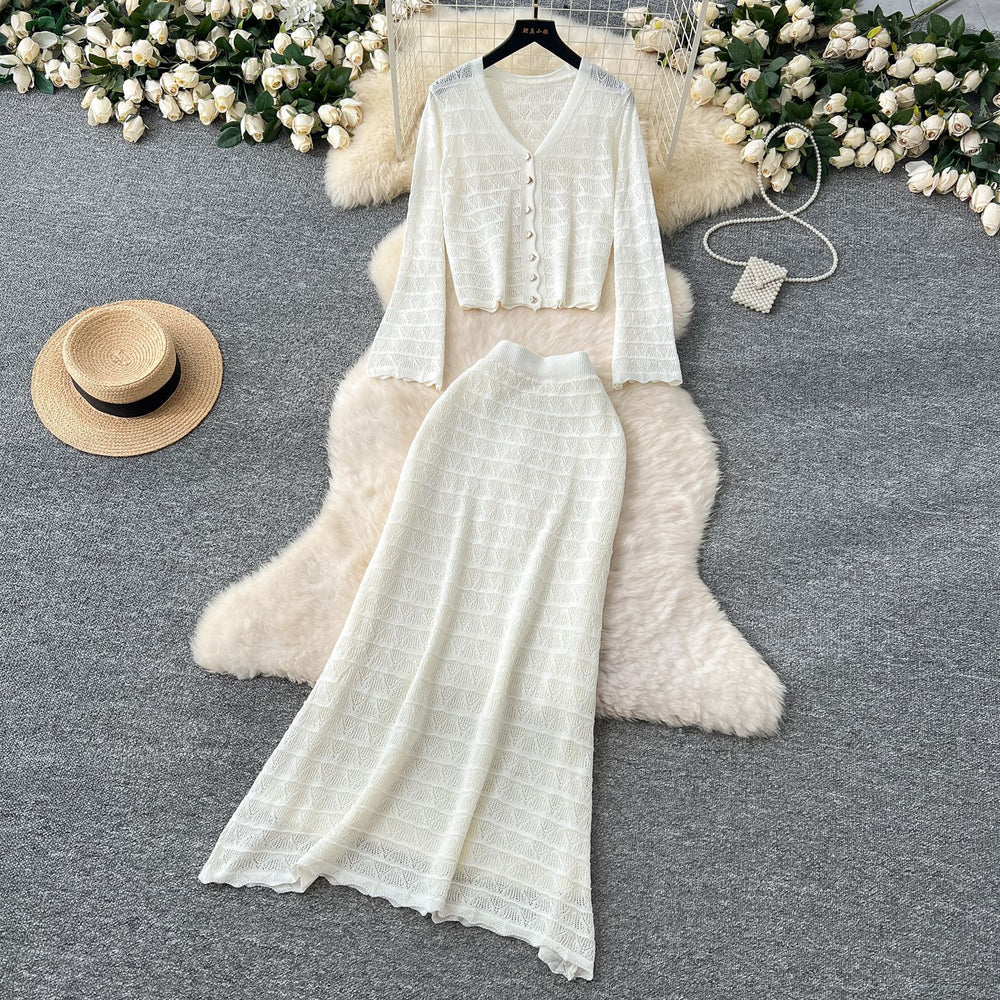 Korean style women's gentle & chic versatile v-neck long sleeve crochet knit cardigan with high-waisted midi skirt set
