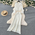 Korean style women's gentle & chic versatile v-neck long sleeve crochet knit cardigan with high-waisted midi skirt set