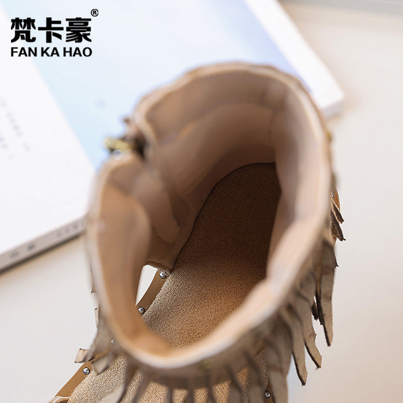 Summer rivet boots new arrivalgirl one strap roman shoes semya style tassel high slope heel kids sandals