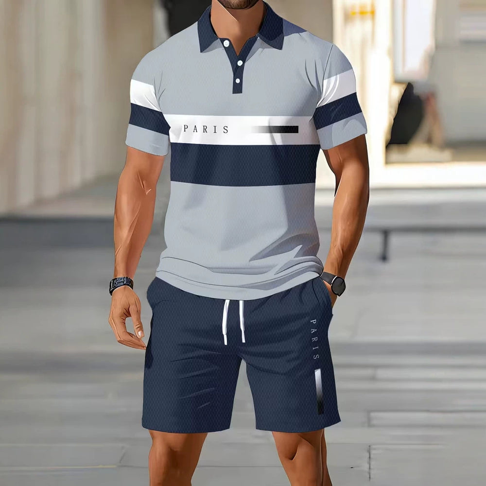 hot-selling men's polo shirt set, new summer two-piece casual short-sleeve and shorts set, dropshipping available