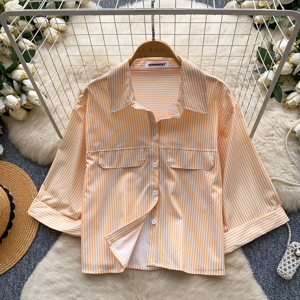 Korean style commute chic red and white striped breathable & skin-friendly shirt - women's summer short sleeve loose fit cardigan casual top
