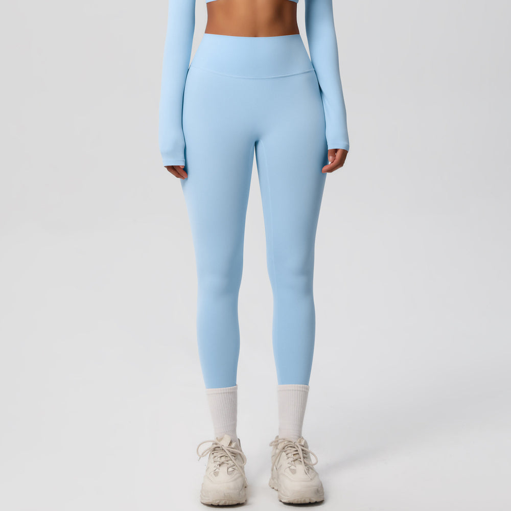 Ready-to-ship european and american style, solid color, double-sided brushed, high-waisted, quick-drying leggings for layering, fitness, outdoor running, and yoga