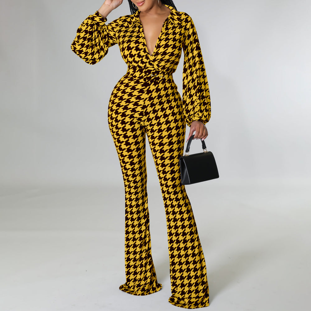 C8559 cross-border women's fashion  autumn/winter new arrival v-neck puff sleeve cinched waist printed wide-leg plus size african jumpsuit