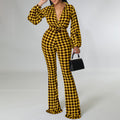C8559 cross-border women's fashion  autumn/winter new arrival v-neck puff sleeve cinched waist printed wide-leg plus size african jumpsuit